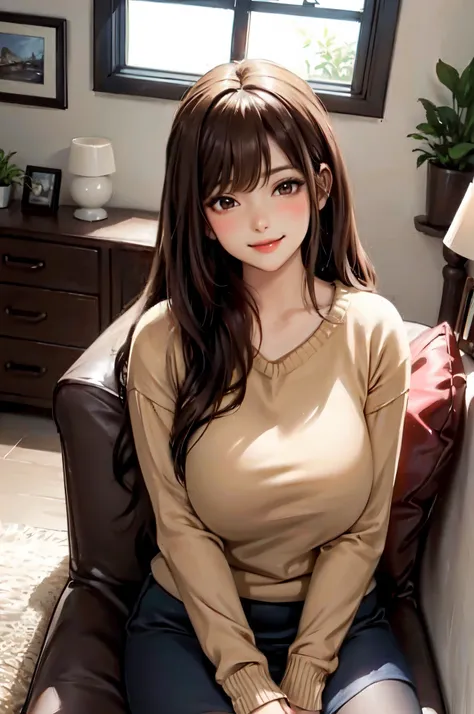 1lady standing, /(oversized sweater/) v-neck, mature female, /(brown hair/) bangs, blush kind smile, (masterpiece best quality:1...