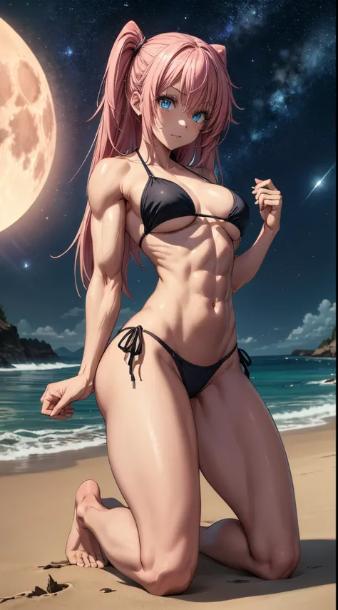 1 girl, (medium breasts))), (((wearing short bikini))), (long pink hair), (((blue eyes))), (on the beach at night with starry sky and full blood moon), (slim waist), (thin muscular legs), muscular belly, bare feet, (((facing me))), (full body photo), Doubl...