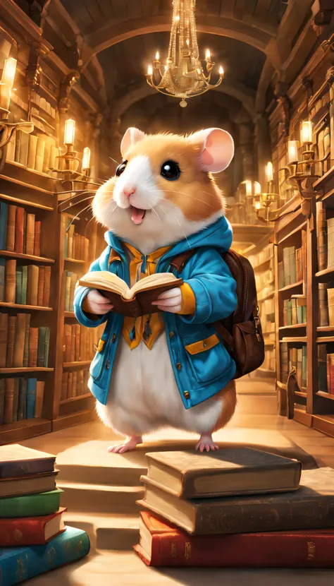 (A hamster,Cartoons) dressed in (Adventure set,Outdoor adventurer clothing) Stand at front (Magic Library,a library full of books,Magical bookshelves,Mystery Collection). hamster and a (Explorer backpack,Adventure backpack) on its back. The library is full...