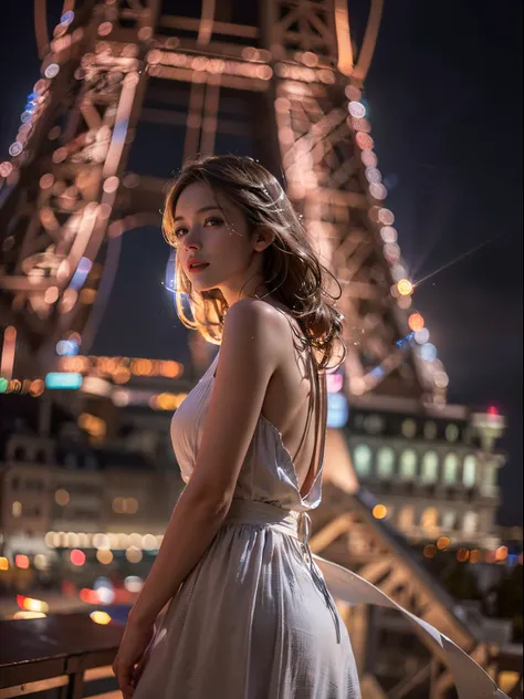 (8k, RAW, professional, best quality, masterpiece:1.2), (realistic, photorealistic:1.4), (anamorphic lens), (lens flare), (long exposure), (highest detailed skin:1.2), (highest detailed face:1.2), cinematic lighting, 1girl, standing on Eiffel tower, wearin...