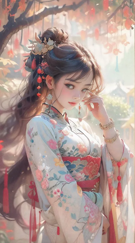 Ultra-detailed portraits, Chinese traditional goddess, beautidful eyes, Intricate hair accessories, Flowing silk dress, Slender hands and fingers, Pose gracefully, Peaceful garden background, gentlesoftlighting, vibrant with colors, meticuloso, Oil paintin...