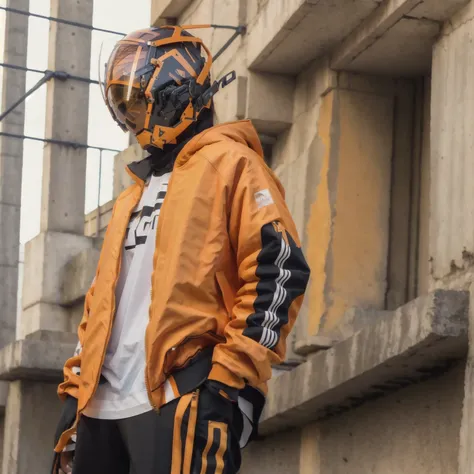 (original: 1.2), masterpiece, best quality, a woman with a fantastic cyberhelmet, wearing a orange techwear jacket, on the street