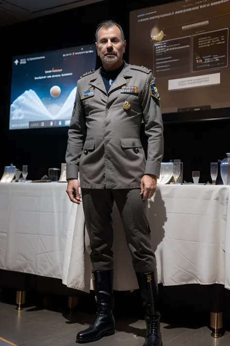 (science-fiction, Planet Medlana, solar system Luxor, Best Quality, 8K, Masterpiece :1.2) Gray-haired man, age 42 years, In Shape, Uniform of Colonel of the Air Force - Space Force Dinner Congress of Nations, long army boots 42