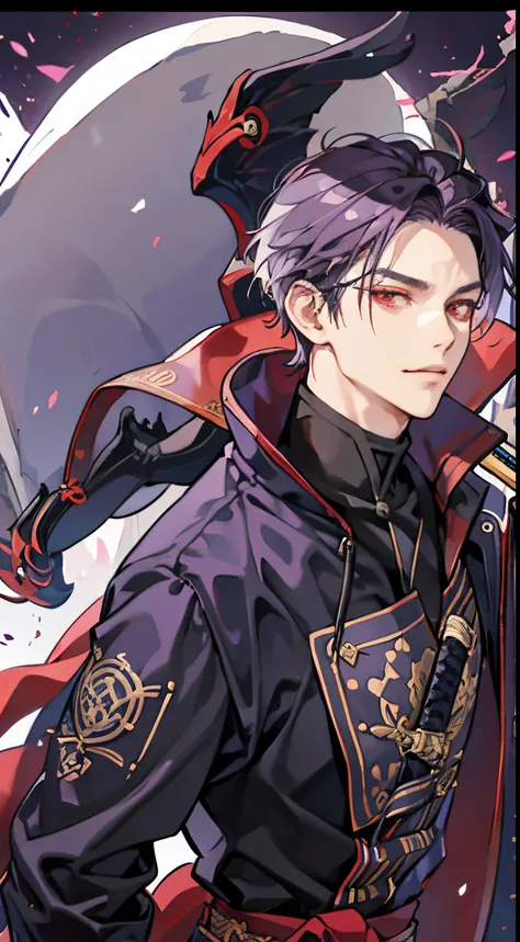 A man, solo, tample background, cloak, katana in waist, purple hair, red eyes, badass, smirk, gantle