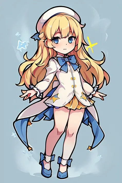 yellow  hair，robe blanche，e Blue Eyes，Star Accessories，Blue bow tie，White beret（Comes with a blue bow），starryskybackground，Q version，stand up，full body Esbian