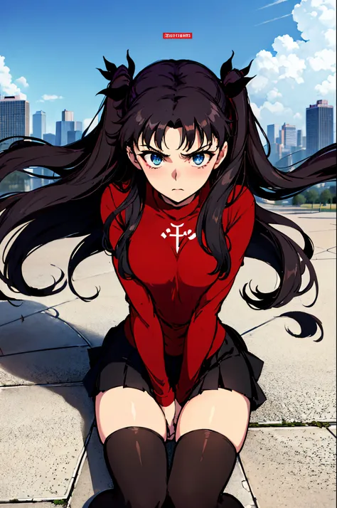 (masterpiece), best quality, expressive eyes, perfect face, 1girl, solo, rintohsaka, rin tohsaka, aqua eyes, black hair, hair ribbon, long hair, ribbon, sidelocks, two side up, black skirt, black thighhighs, long sleeves, miniskirt, pleated skirt, ((red sw...