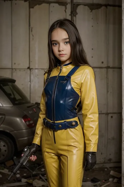 13 year old girl wearing (vaultsuit with pipboy3000 on wrist) standing in a ruined city, holding a large fallout weapon, giant s...