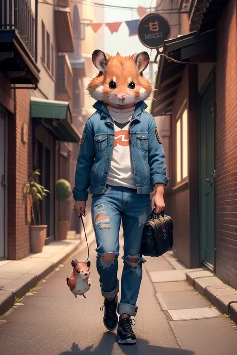 (extremely detaild的 CG unified 8k wallpapers),(tmasterpiece), (Best quality at best), (ultra - detailed), (Most Best Illustration),(The best shadow),Hamster Adventurer，Anthropomorphic hamster wearing denim clothing，personification，Dimly lit alleyway，advent...