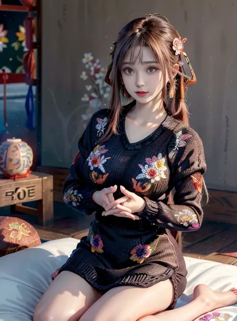 longshot,during night,(1girl in),Akiryomai ,Necklaces, earrings,Brownish red hair,Shy, Blushing,See-through,(Vibrant rainbow color scheme art; Suzhou embroidery technology; Knitted Sweater Hall Dress:1.6),(Sweat:1.25), (Tattoo of roses :1.2) ,(((Solo))),de...