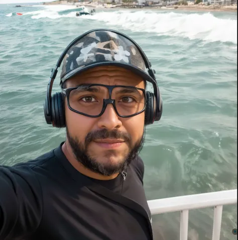 there is a man wearing headphones and a hat on a boat, com fones de ouvido, O oceano ao fundo, foto de perfil 1024px, O mar ao fundo, oceano ao fundo, com fones de ouvido, no mar, mar ao fundo, Usando fones de ouvido, Fotografia selfie 8k, Fotografia tirad...