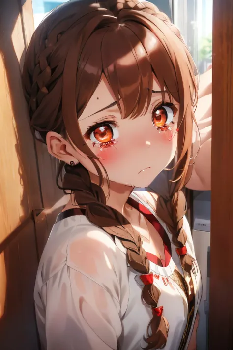 fluffy hair,Brown hair,((Braided shorthair)),Slightly red tide,((Brown eyes)),(((Trembling girl ))),(NSFW),((独奏)),((1 persons))),close up of face,Kamimei,A face that looks like its turned away,((sob)),(Crying),