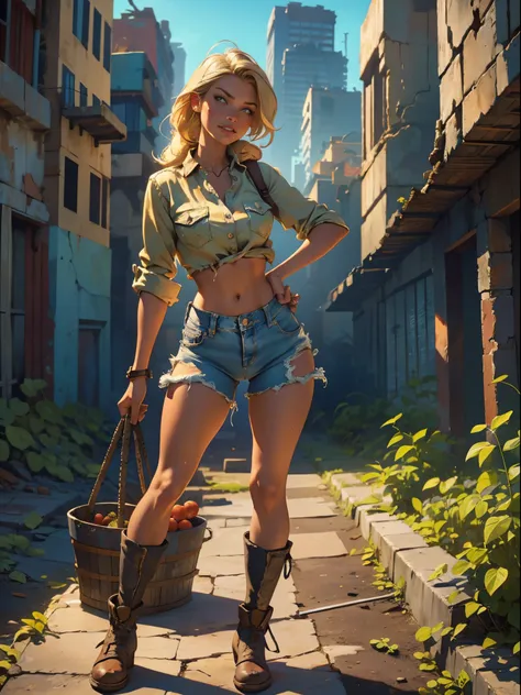 2076 year. the urban ruins of the wasteland, female huntress picking fruit in the garden, beautiful face, blonde, badly torn shi...