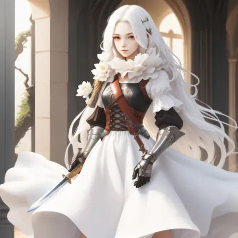 A girl with long white hair holding a sword in her left hand