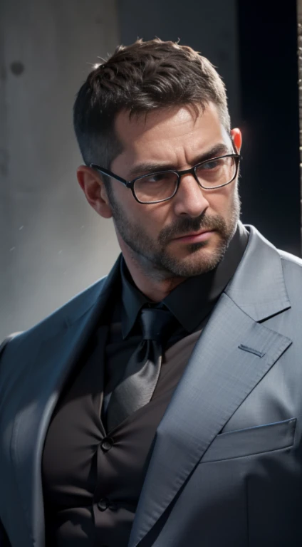 An award-winning original photo，A wild muscular man, (40 years old daddy:1.3), 1boy, Solo, (blue suit), black shirt, blue trouser, black hair, (big shoulders), musculature, stubbles, Short beard, Beautiful eyes:1.3, ), (Detailed face:1.3), wearing glasses,...