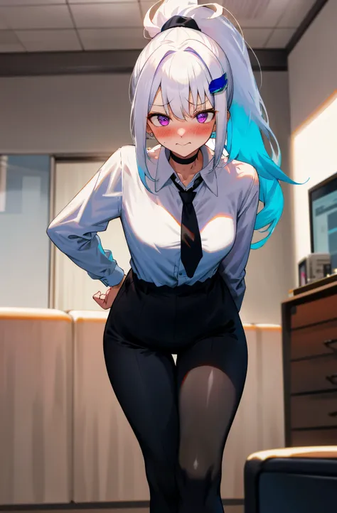 One girl with high ponytail hair, white hair, blue inner hair, purple eyes, looking at viewer, embarrassed, blushing, little smile, indoor, living room, suit, white shirts, black necktie, tight black pants, tight, hips, office lady, thigh, slim, dizzy, cho...