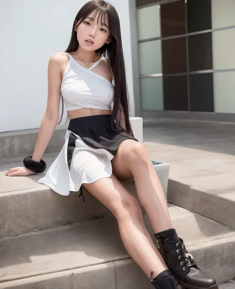 there is a young 16yo teen sitting on the steps of a building, young asian girl, young and cute girl, cute young girl, gorgeous young model, wearing white skirt, asian girl, full body xianxia, chinese girl, japanese model, white skirt and barechest, full b...