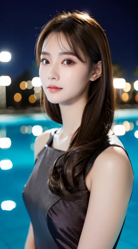 A chinese women , gray eyes ,brown hair,black dress,grooming and beautiful face ,double Eyelids, standing in pool ,night view, realistic face