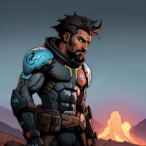 (((scientific fiction, pele negra, desenho de linha, aquarela, macho))), high definition character art, personagem do jogo Borderlands, cabelo preto curto, olhos vermelhos, homem forte, in dynamic pose, pronto para enfrentar seus inimigos, behind a futuris...