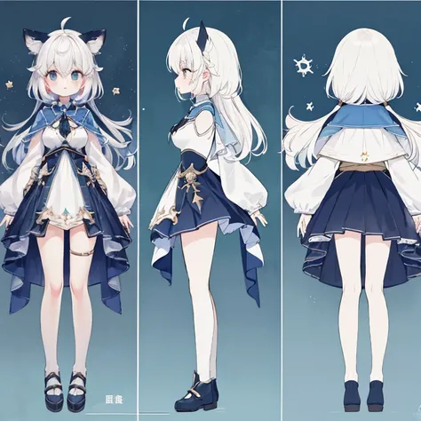 Chara Sheet,character reference sheet, 1 girl, CharacterDesignSheet, ((front-facing view, from side view)) symmetrical elements in clothing, Clothes simulation detection similar to CLO, Awesome designer, full body Esbian,8K分辨率, Ultra HD image output,Waterc...