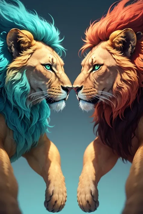 DETAIL strong lion heads, representando Deus, imagem ultrarealista, 4k image generates an image of lion animals, com dois rostos de perfil, facing each other with the fusion and overlap of the two generated images, forming a single one with a turquoise blu...