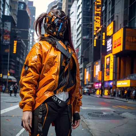 (original: 1.2), masterpiece, best quality, a woman with a fantastic cyberhelmet, wearing a orange techwear jacket, on the street