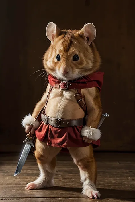 Create an adventurous hamster, standing like a human being, strong, cute eyes, with red fur, costume and weapons of a futiristic warrior.