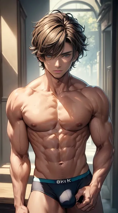 (masterpiece best quality 8k ultra-detailed:1.5) ultra realistic, solo standing male, muscular handsome (((perfect face,perfect eyes))) (topless) ((short hair)), anime style, illustration, (underwear, big bulge), realistic shade, sharp, detailed beautiful ...