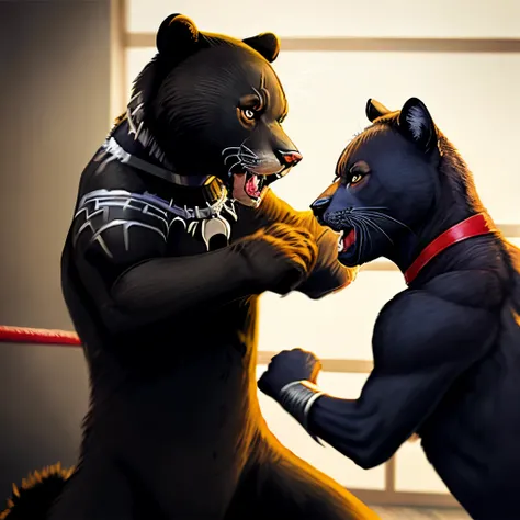 Grizzle bear fighting a black panther