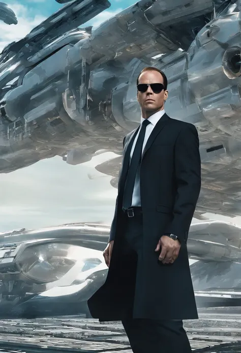 Agent Smith from the matrix hanging from a helecopter landing gear holding a gun