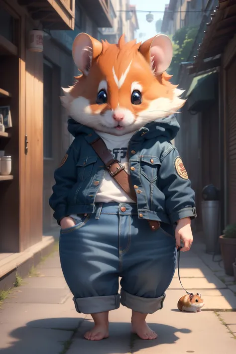 (extremely detailed的 CG unified wallpaper 8k),(tmasterpiece), (The best quality at its best), (Ultra Detailed), (The best illustration),(better shadow),Hamster adventurer，Anthropomorphic hamster in denim clothes，personification，Dimly lit alley，Adventure