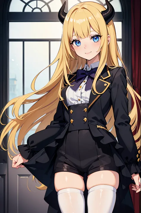 masterpiece,best quality, solo, 1 girl, female figure, yellow hair, hime cut, blunt bangs, extra long hair, crystal blue eyes, sharp detailed eyes, white pantyhose, long sleeves, boy shorts, indoors, golden blonde hair, shy smile, black ouji clothes, cowbo...