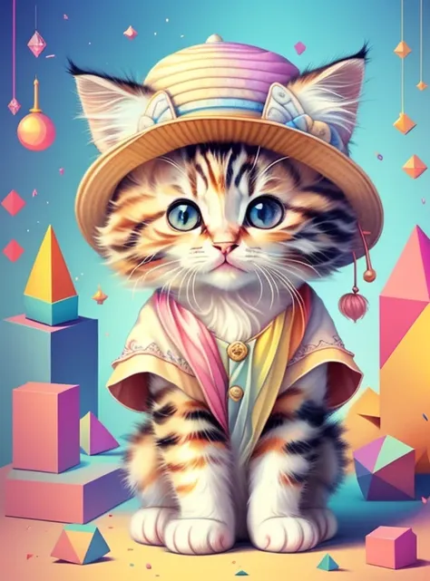 (kitten in a hat), Munchkin ,Geometric multidimensional wall portrait, livro de arte, Tchibi,
Yang08k, Beautiful, Colouring,
Obras, of the highest quality, best quality, Arte Oficial, Beautiful and Aesthetic,