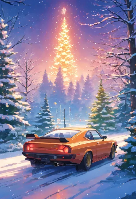 Einheitliche 8k-Hintergrundbilder，ultra - detailliert，beauty and aesthetics，tmasterpiece，best qulaity，Weihnachten，（Hauptteil：Auto），Elements for the automotive industry，（Passende Elemente：jeder，Santa，Glocke，Geschenke，Schneeblume，Weihnachtsbaum，）Glitzernden，...