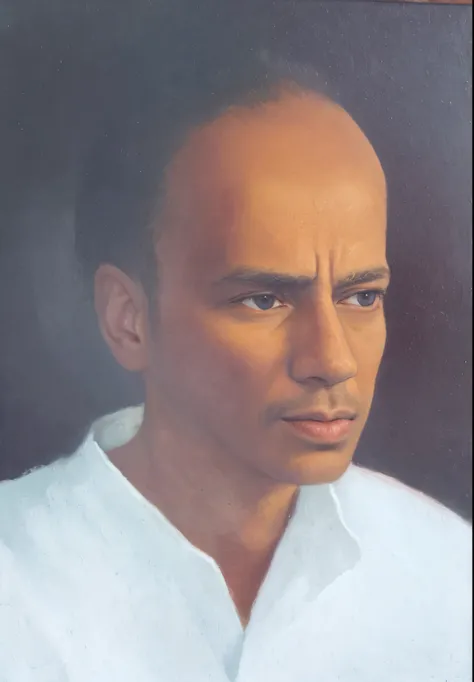 painting of a man in a white shirt and a black background, painting of a man, ashoka tano, portrait of bald, ditigal painting, inspired by Raja Ravi Varma, inspired by Abdur Rahman Chughtai, inspired by Sunil Das, close up portrait, inspired by Bapu, portr...