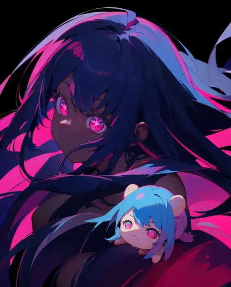 Black skin anime girl with、No background、without background、Background through、Long hair、light blue left side hair、putple right side hair, pink bangs, Pink eyes、kawaii、black skin