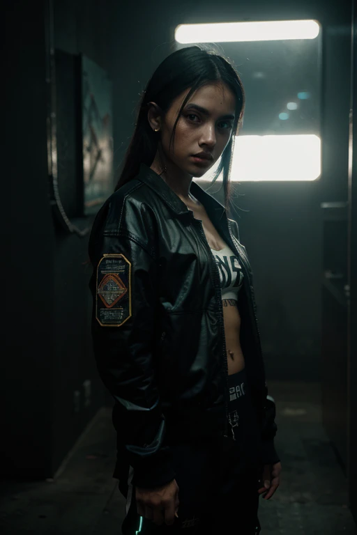 Vestindo streetwear complexo cyberpunk, Beautiful, garota, retrato detalhado, 4 mil, cores brilhantes, arte conceitual, cinematic dramatic atmosphere, foco nítido, Volumetric lighting, Cinematic lighting, studio quality