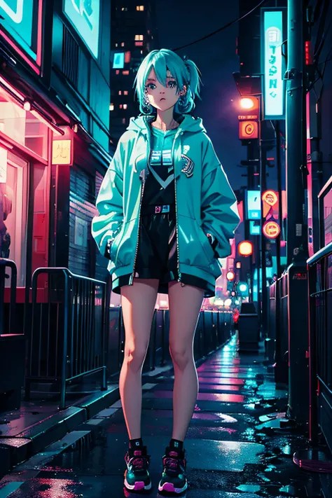 1 girl, streetwear, aqua hair, aqua eyes, neon, city, absurdres, high res, ultrasharp, 8k, masterpiece, aesthetic,