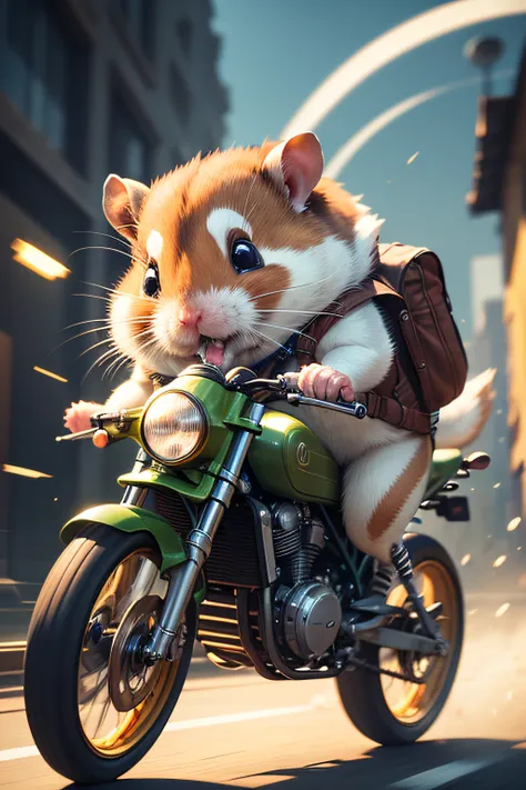 hamster adventurer, Adventurers Costume, Hamster happily riding a bicycle, (Motion Blur:1.3), (best composition), (masutepiece), (Best Quality), (ultra high detail)