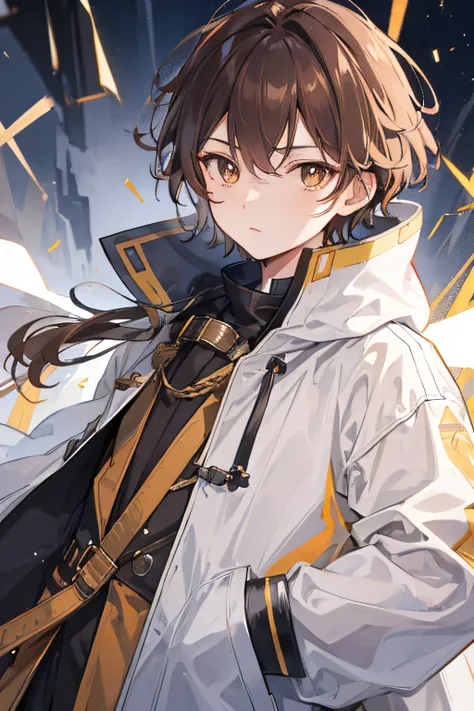 1 boy,Manteau，wind coat,hands in a pocket，a brown haired one，Golden pupils，sci fi background