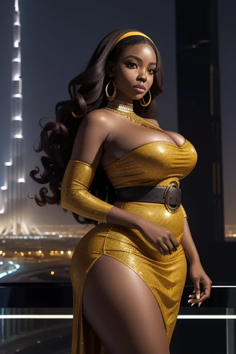 Curvaceous African woman, jovem, Beautiful, olhos grandes, long eye lashes, long flowing dark brown hair, usando vestido, brincos de perola, colar de perolas, seios grandes, Standing at a scene in Burj Khalifa at night, ruins in background, fotorrealista, ...