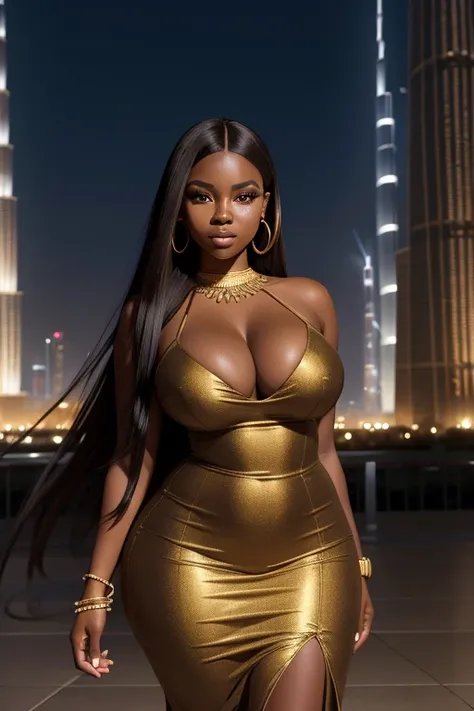 Curvaceous African woman, jovem, Beautiful, olhos grandes, long eye lashes, long flowing dark brown hair, usando vestido, brincos de perola, colar de perolas, seios grandes, Standing at a scene in Burj Khalifa at night, ruins in background, fotorrealista, ...