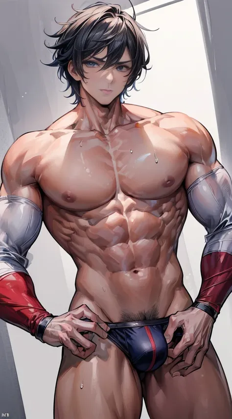 (masterpiece best quality 8k ultra-detailed:1.5) ultra realistic, solo male, muscular handsome (((perfect face,perfect eyes))) (topless), anime style, illustration, (underwear, big bulge), sweat,manly,realistic shade, sharp, detailed beautiful face and eye...