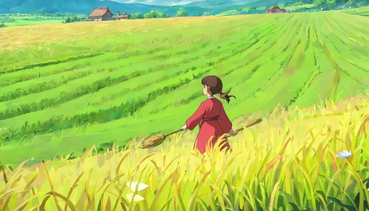 farm land，Younger sister，7 years old，Red clothes，Playing in the farmland，Faraway view