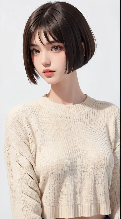 1girl, short hair, bob cut hairstyle, upper body, sweater,white background,