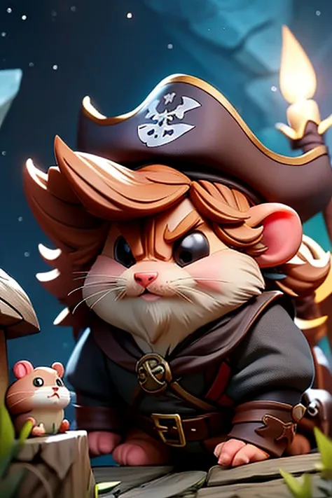 A cute hamster, rpg adventurer clothing, pirate outfit, angle from below, night sky