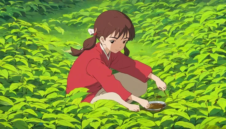 Drying tea leaves，Younger sister，7 years old，Red clothes，