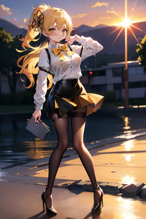 masutepiece, Best Quality, 1girl in, (Mami Tomoe), Blonde hair, poneyTail, length hair, (Yellow eyes:1.2), evening, Sunset,、((Black bra))、((pencil skirts))、((Office Suits))、((Blouse))、((Black miniskirt))、((pantyhose))、((high-heels))、((Whole body gets wet))...