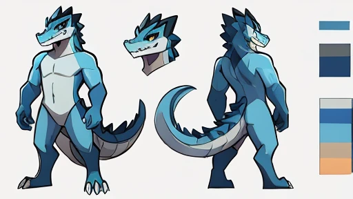 blitzdrachin, crocodile, male, solo, ass, sweaty, white background, big tail, sit, model sheet, skyblue body