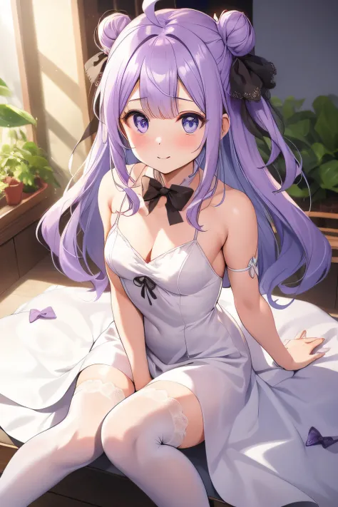 white china dress, show through, (masutepiece, Best Quality:1.2), 1girl in, Solo, Purple eyes, stuffed animal, Purple hair, Hair bun, Single hair bun, Looking at Viewer, Ahoge, bow ribbon, One side up, Hair Ribbon, white thighhig, single side bun, Bow, blu...