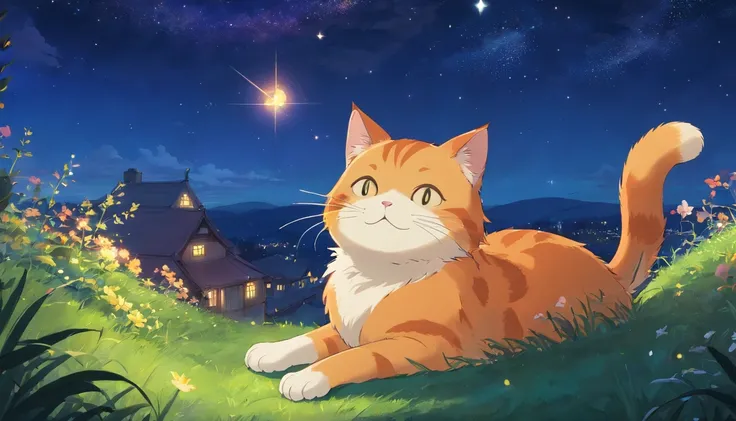 As night fell，The sky is extraordinarily beautiful dotted with stars。Orange cat finds a cozy place on the grass，curled up in a ball，Quietly admiring the starry sky。